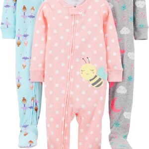 Simple Joys by Carter’s Pacote com 3 pijamas de algodão com pés de ajuste confortável para meninas