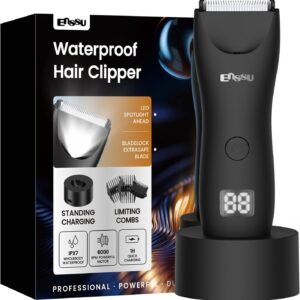 ENSSU Aparador de pelos corporais masculino – Aparador Meridiano à prova d’água com luz LED, motor rápido de 6000 RPM, 5 configurações de comprimento, IPX7 para púbico, peito e bolas (Preto)