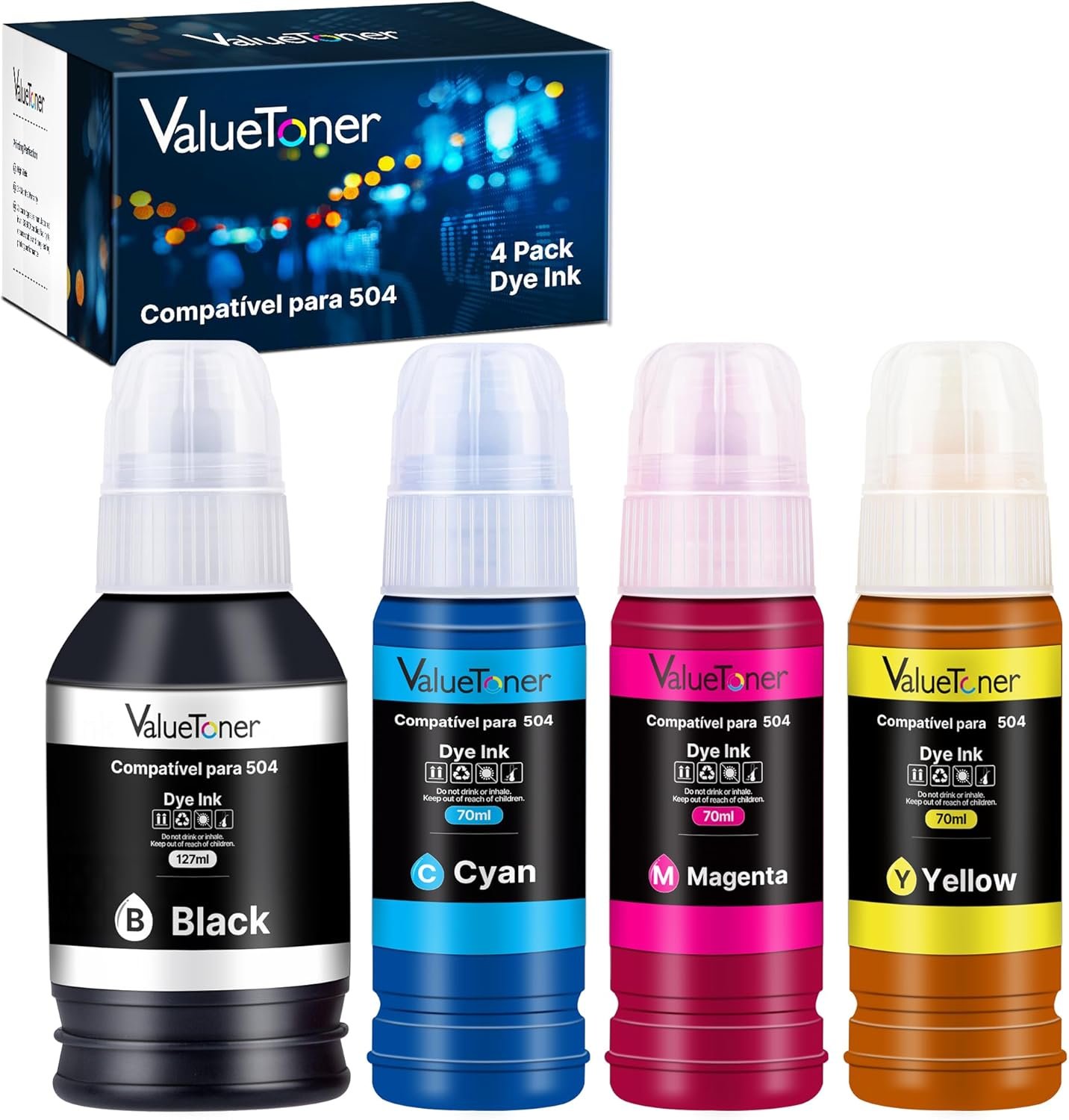 Valuetoner Kit 4 Refil Tintas Compatível para Epson 504 T504 Compatível para Epson Impresoras L4150 L4160 L4260 L6161 L6171 L6191 L6270 L14150 (4 Frascos: Preto, Magenta, Ciano, Amarelo)