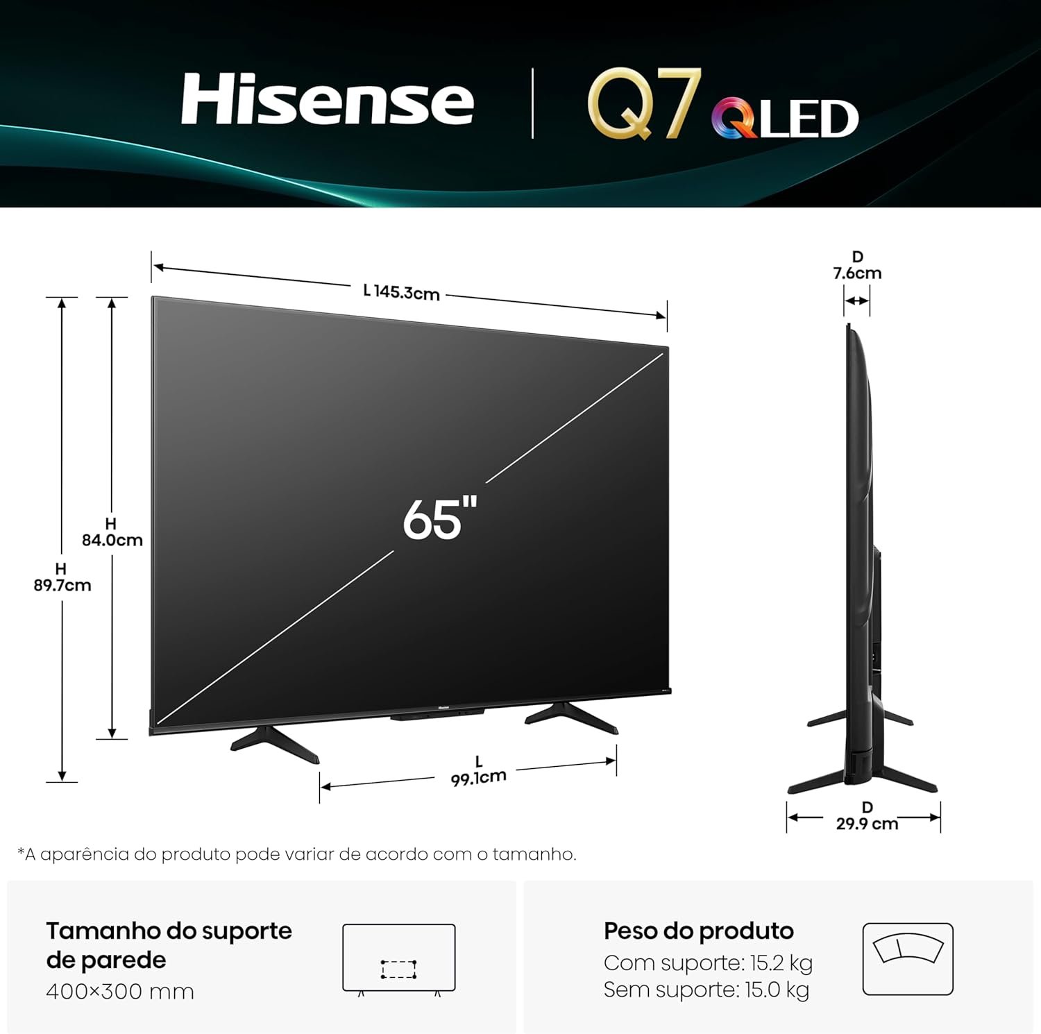 Hisense Smart TV UHD 4K QLED 65" Polegadas 65Q7QG Google TV Modo Jogo Pro 144 Hz, AMD FreeSync Premium, Dolby Vision Atmos e Compatível com Alexa - Imagem 3