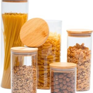 Potes Herméticos de Vidro com Tampa Bambu Porta Mantimentos Transparente Kit 5 Unidades