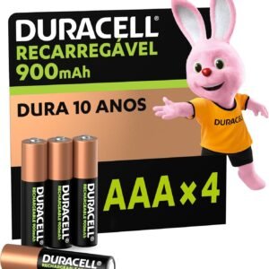 Duracell Pilha Recarregável AAA 900mAh Palito Com 4 Unidades – Ideal para Câmeras Digitais e Dispositivos de Alto Consumo