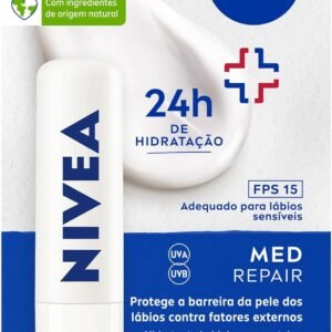 NIVEA Protetor Labial Med Repair FPS15 4,8g – Hidrata e regenera os lábios ressecados e machucados, com Vitamina E e óleos naturais, proporciona reparação intensiva e alívio imediato
