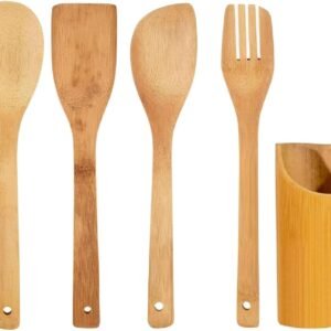 Kit de Utensílios de Cozinha em Bambu, 4 Peças, Espátula Reta, Espátula Arredondada, Garfo e Colher