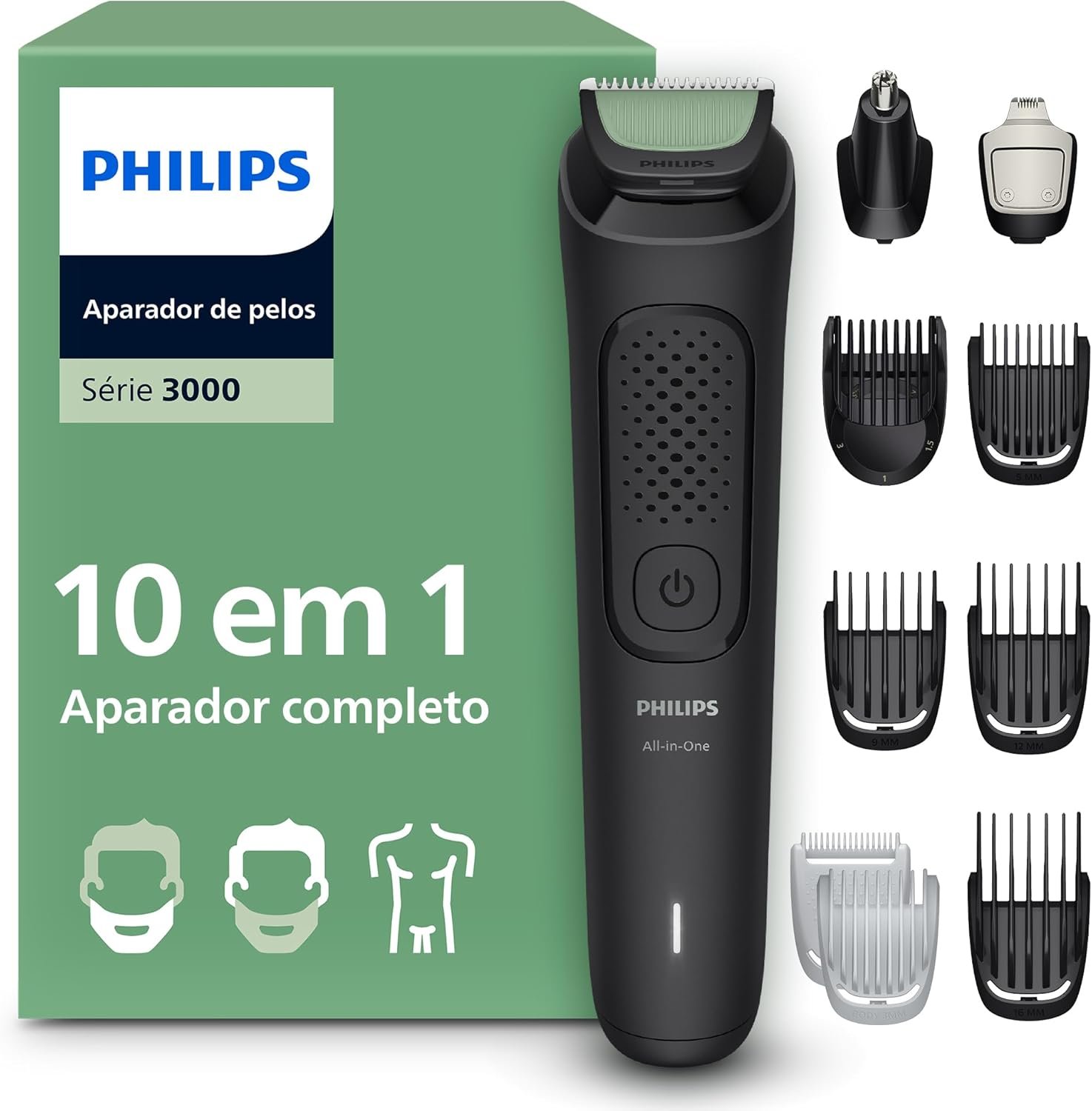 Philips Multigroom Aparador de Pelos 10 em 1 3000 Series, Barbeador elétrico e Aparador para Rosto, Cabeça e Corpo, Lâminas Autoafiáveis para a Pele, 10 Configurações de Comprimento, Modelo MG3931/15 - Imagem 2