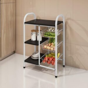 Fruteira para Cozinha Giovana Fruteira em Aço com 3 Cesto Branco/Preto