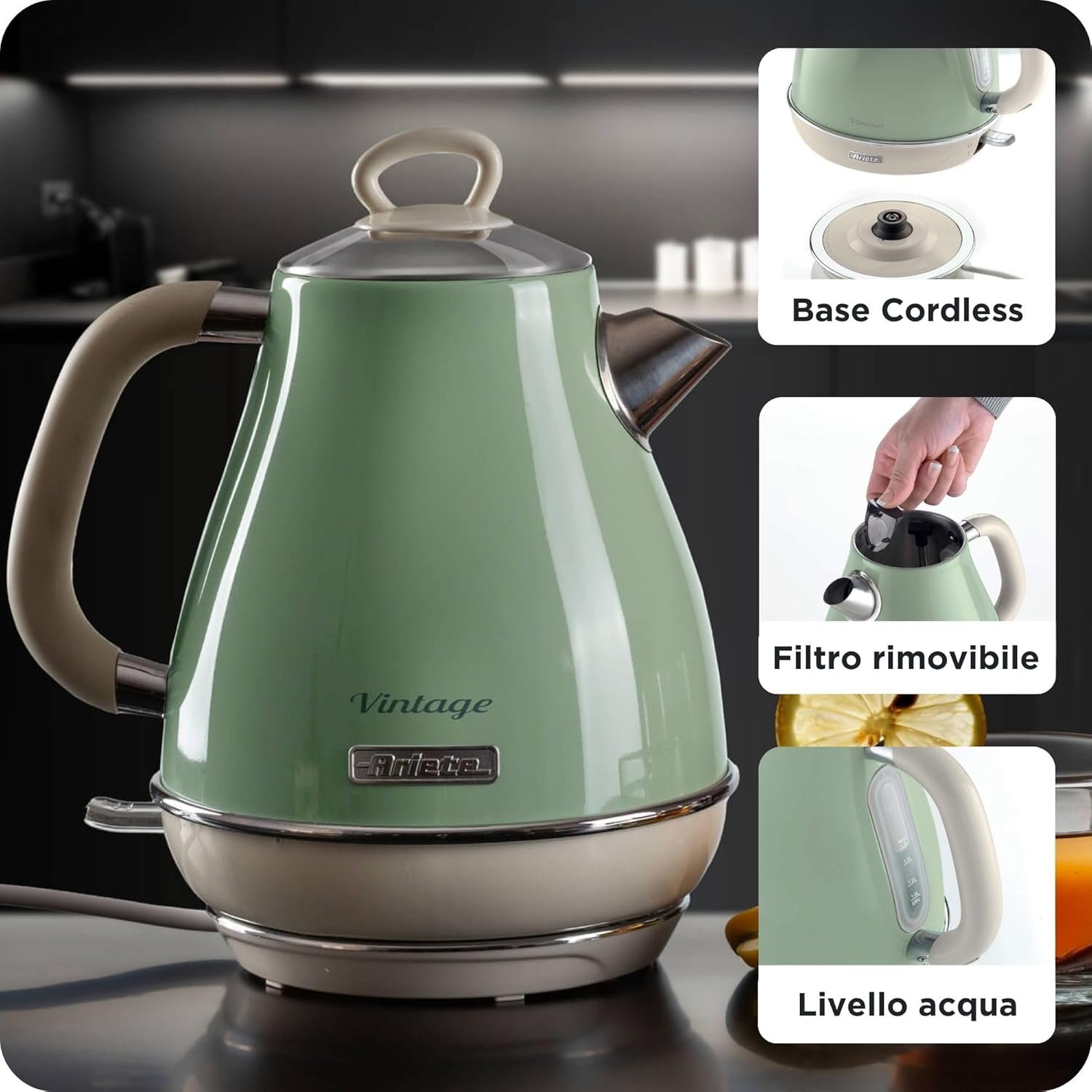 Ariete 2869, Chaleira Eletrica Vintage Verde, Aço Inoxidável, 1.7 L, Desligamento Automático, Base 360º, 1850 Wats - 220V - Imagem 3