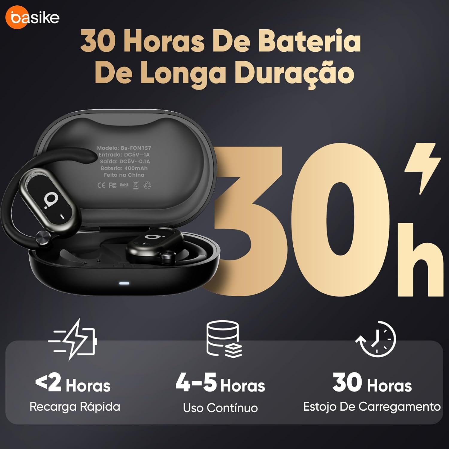 Basike Fone de Ouvido Bluetooth 5.4 OWS, Fone de Ouvido Sem Fio Esportivo HiFi Estéreo Som, IPX4 à Prova D'Água, Redução de Ruído ENC, 30h de Autonomia e Case Voz para Corrida e Exercícios (Preto) - Imagem 4