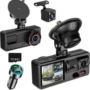 Câmera de Carro 1080P FHD com Dupla Câmera (Frontal e Traseira), Visão Noturna, Tela IPS 2.0”, Ângulo de 170°, WDR, Cartão de 64GB Incluso