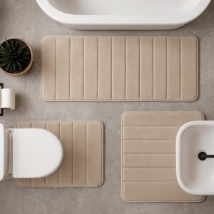 Decolab Tapete Antiderrapante Banheiro Super Soft | Kit Tapete Banheiro Box ou Banheira Completo | Jogo Tapetes Para Banheiro Multiuso Decoração Quarto (Bege, 3 Peças)