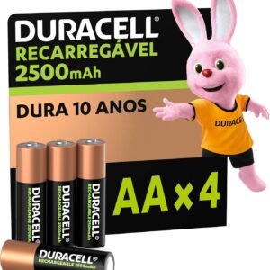 Duracell Pilha Recarregável AA 2500mAh Pequena Com 4 Unidades – Ideal para Controle Xbox™, Câmeras Digitais e Brinquedos de Alto Consumo