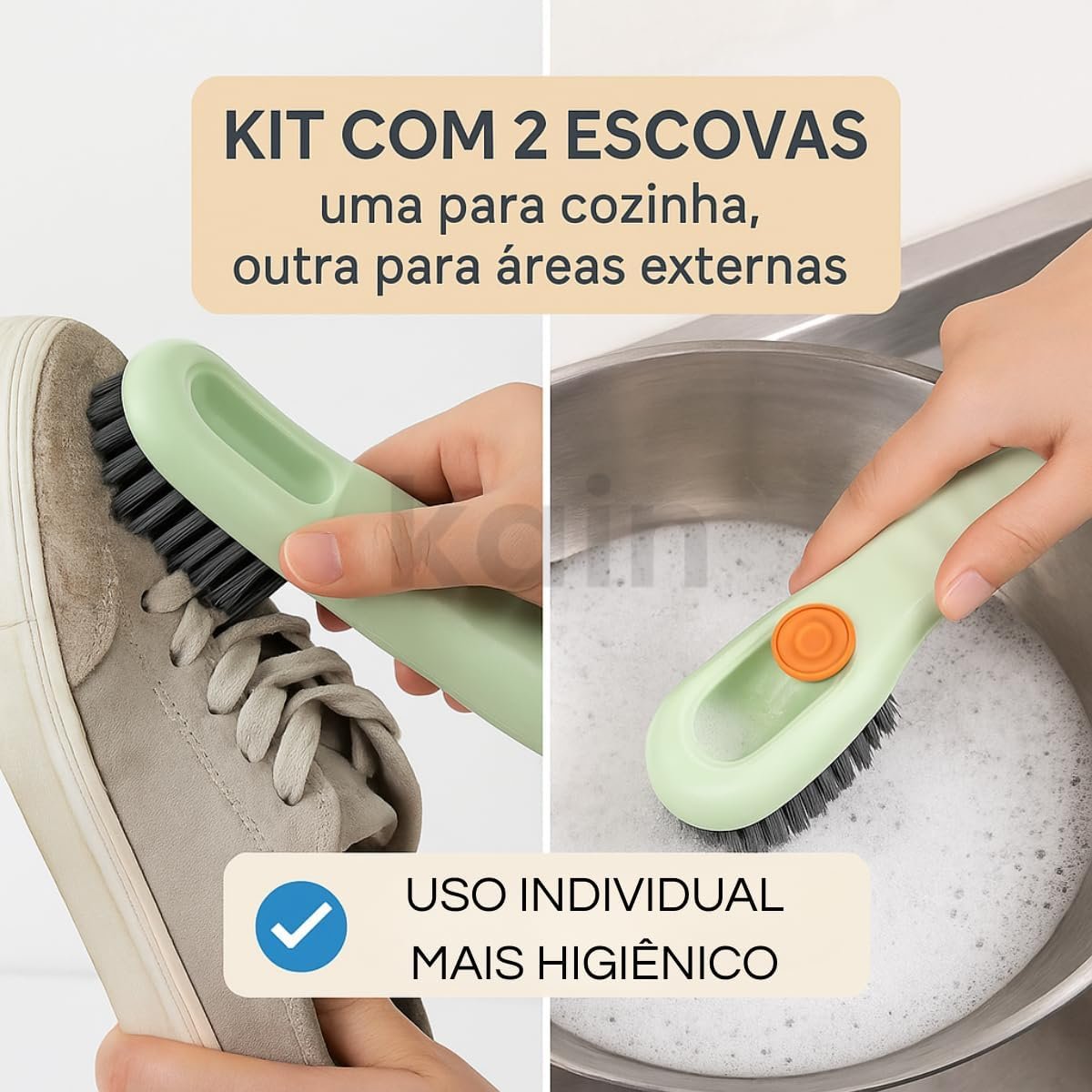 Kit 2 Escovas de Limpeza Multiuso com Dispenser de Sabão – Práticas para Cozinha, Banheiro, Piso, Azulejos, Sapatos – Mais Eficiência, Menos Desperdício - Imagem 3