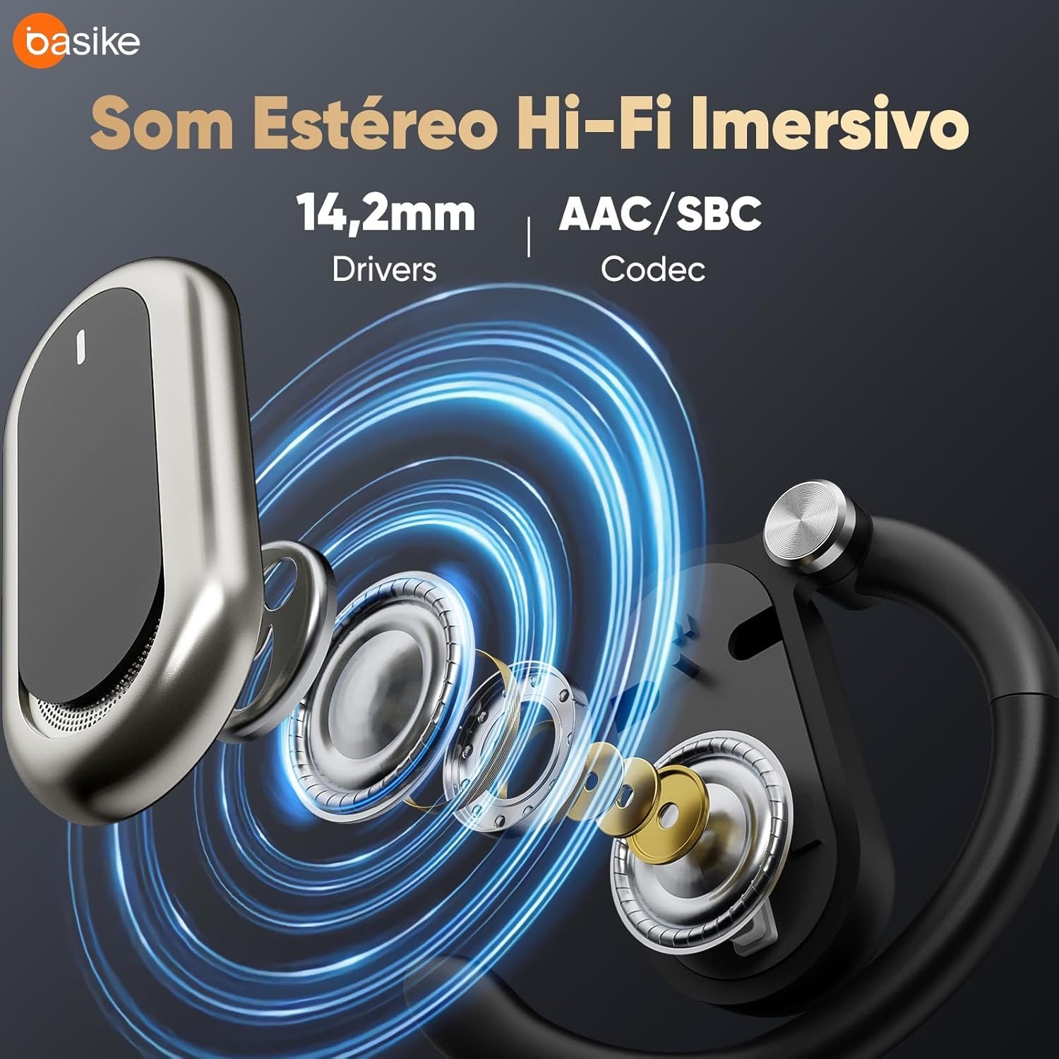 Basike Fone de Ouvido Bluetooth 5.4 OWS, Fone de Ouvido Sem Fio Esportivo HiFi Estéreo Som, IPX4 à Prova D'Água, Redução de Ruído ENC, 30h de Autonomia e Case Voz para Corrida e Exercícios (Preto) - Imagem 2