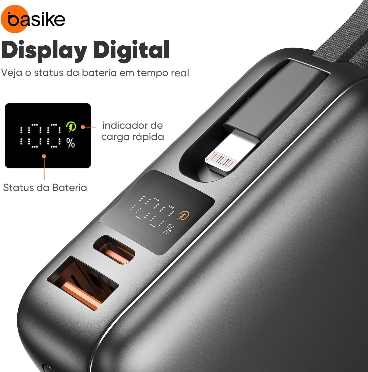 Basike Carregador Portátil, Power Bank 20000mAh com Cabos Integrados, Carregamento Rápido 22.5W(MAX), Compacto, Led Indicador de Bateria para iPhone/Samsung/Huawei/Xiaomi (Cinza) - Imagem 2