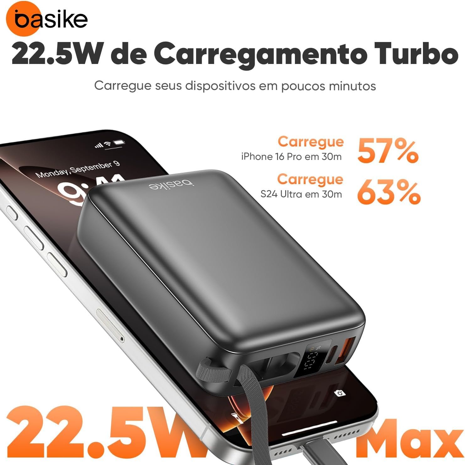 Basike Carregador Portátil, Power Bank 20000mAh com Cabos Integrados, Carregamento Rápido 22.5W(MAX), Compacto, Led Indicador de Bateria para iPhone/Samsung/Huawei/Xiaomi (Cinza) - Imagem 5