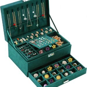 Caixas de joias para mulheres, organizador de joias de veludo verde com cadeado, organizadores de joias para adolescentes e suporte de brinco e colar, caixa organizadora feminina para colares, brincos