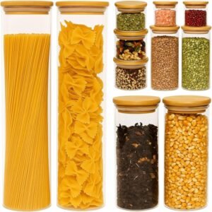 Conjunto com 11 Potes Herméticos de Vidro com Tampa de Bambu para Cozinha Alimentos Mantimentos Conjunto com 11 Potes Herméticos de Vidro com Tampa de Bambu para Cozinha Alimentos Mantimentos