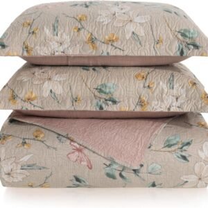 Kit Cobre Leito Colcha Boutis 3 Peças Matelado Ultrassônico Estampado Dupla Face Porta Travesseiro Aba Americana Micro Percal 150 Fios (Isabel Areia, Casal)
