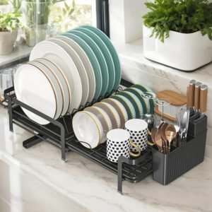 DF Escorredor de Louça Expansível (35-55 cm) para Bancada de Cozinha, Escorredor de Pratos com Suporte para Copos e Bandeja Coletora, Alta Capacidade, Preto