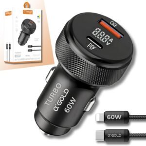 Carregador Veicular Turbo 60W MTS com Cabo IOS para Automóvel – 2 Portas USB + USB-C, Carrega 2 Dispositivos ao Mesmo Tempo, Alta Velocidade, Potente 9.1A, Compatível com iPhone e Android