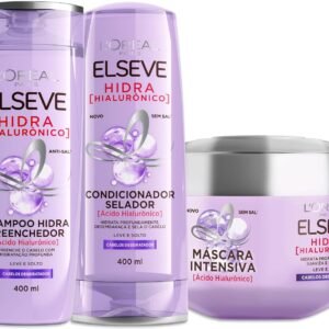 L’Oréal Paris Elseve Hidra Hialurônico Kit Shampoo 400ml + Condicionador 400ml + Creme de Tratamento 300G, Ação Preenchedora que Injeta 4X Mais Hidratação nos Fios Desde o Primeiro Uso