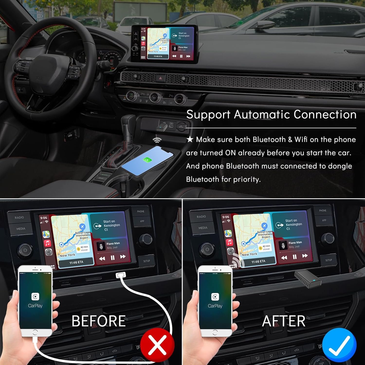 Adaptador automotivo 2 em 1 sem fio CarPlay Android Mini USB Dongle, Plug & Play, converte CarPlay original com fio para carro sem fio, para carros 2016-2023 com CarPlay com fio de fábrica | Android - Imagem 5