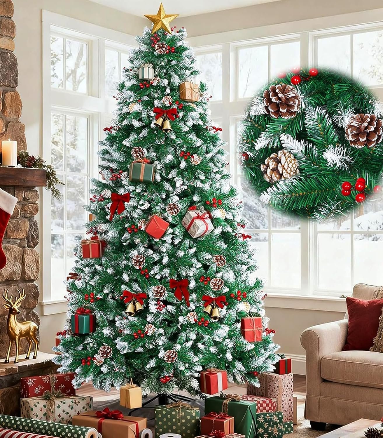 Trailabo 2,1M Árvore de Natal Pinheiro de Cedro de Luxo, com 1500 Ramos, 250 Cerejas Vermelhas e Pinhas, Efeito Nevado para Árvore de Pinheiro, Equipado com um par de Luvas de Instalação