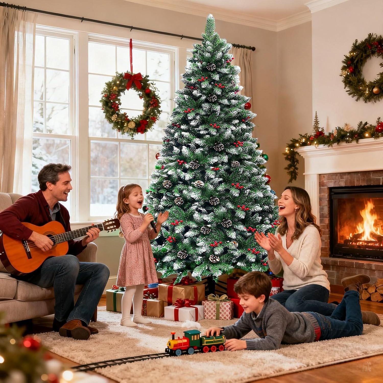 Trailabo 2,1M Árvore de Natal Pinheiro de Cedro de Luxo, com 1500 Ramos, 250 Cerejas Vermelhas e Pinhas, Efeito Nevado para Árvore de Pinheiro, Equipado com um par de Luvas de Instalação - Imagem 7