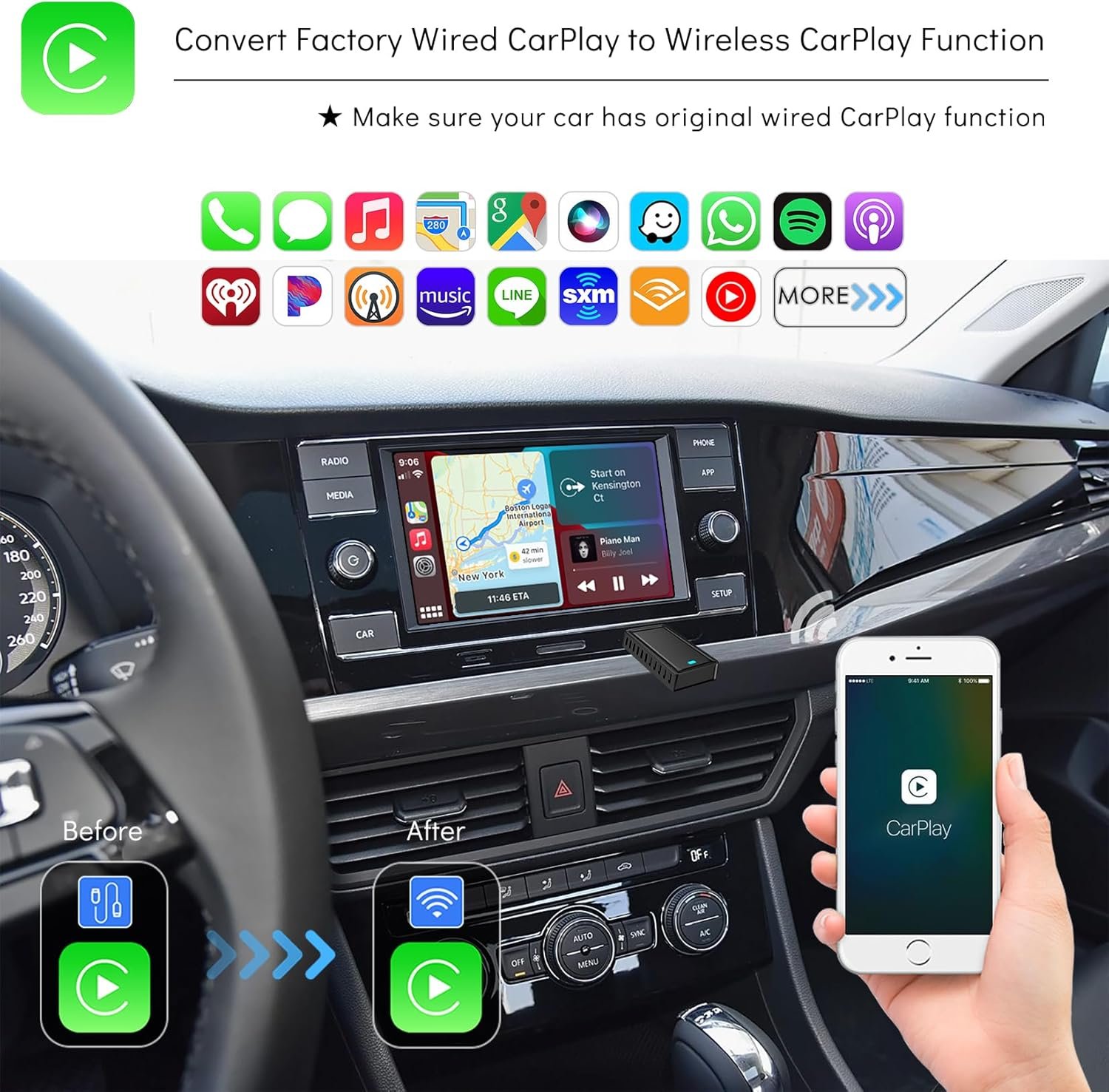 Adaptador automotivo 2 em 1 sem fio CarPlay Android Mini USB Dongle, Plug & Play, converte CarPlay original com fio para carro sem fio, para carros 2016-2023 com CarPlay com fio de fábrica | Android - Imagem 3