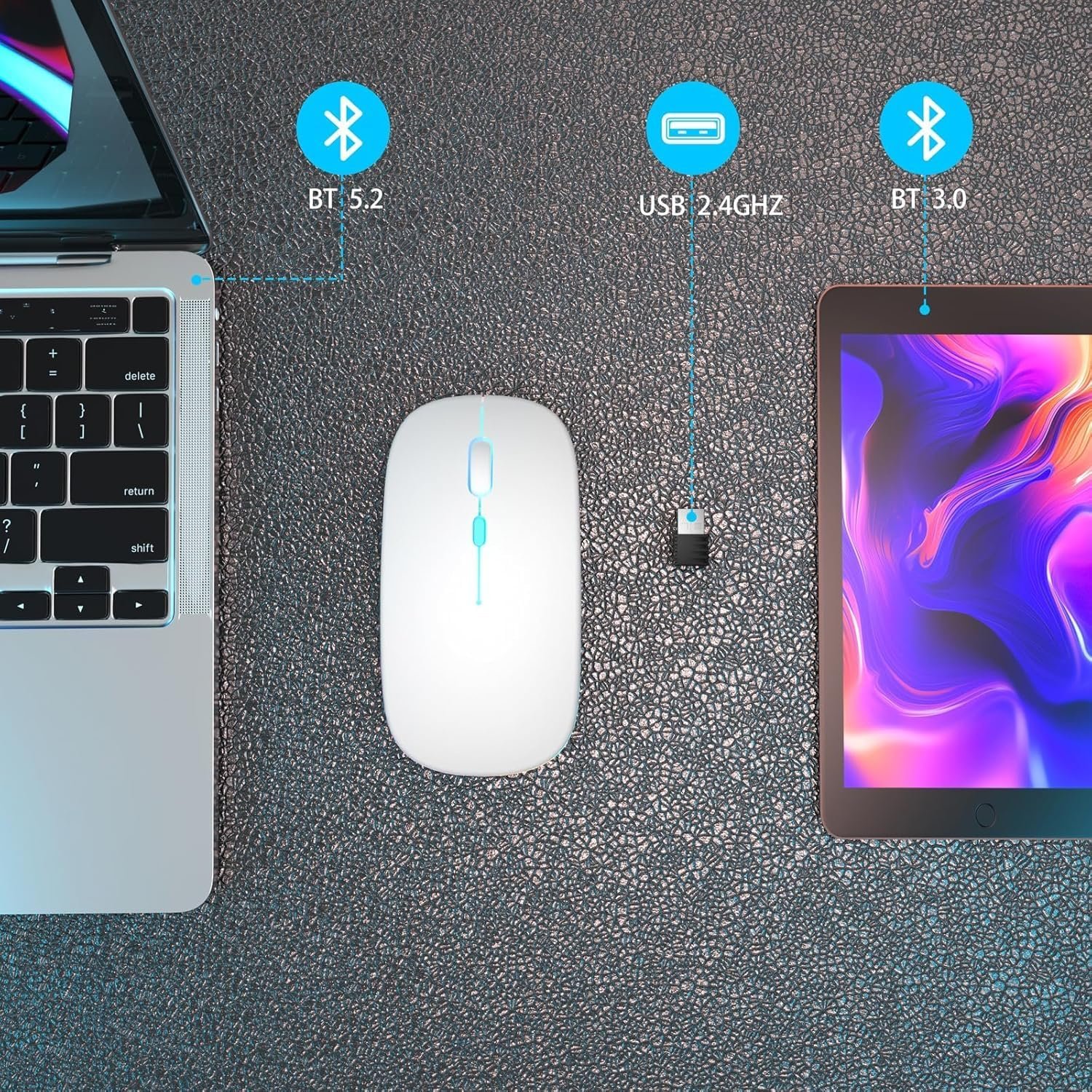 Mouse Sem Fio Recarregável com LED RGB Design Ergonômico Conexão USB Bluetooth Compatível com PC Notebook e Home Office (Branco) - Imagem 4