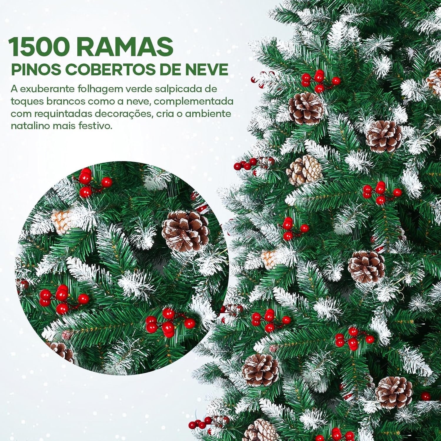 Trailabo 2,1M Árvore de Natal Pinheiro de Cedro de Luxo, com 1500 Ramos, 250 Cerejas Vermelhas e Pinhas, Efeito Nevado para Árvore de Pinheiro, Equipado com um par de Luvas de Instalação - Imagem 3