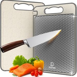 DOMEZ Tábua de Corte Inox para Cozinha Dupla Face Aço Inoxidável e PP, Superfície Higiênica para Carnes e Vegetais, Afiador Integrado, Canaletas Antirrespingo, Base Antiderrapante e Alça Ergonômica