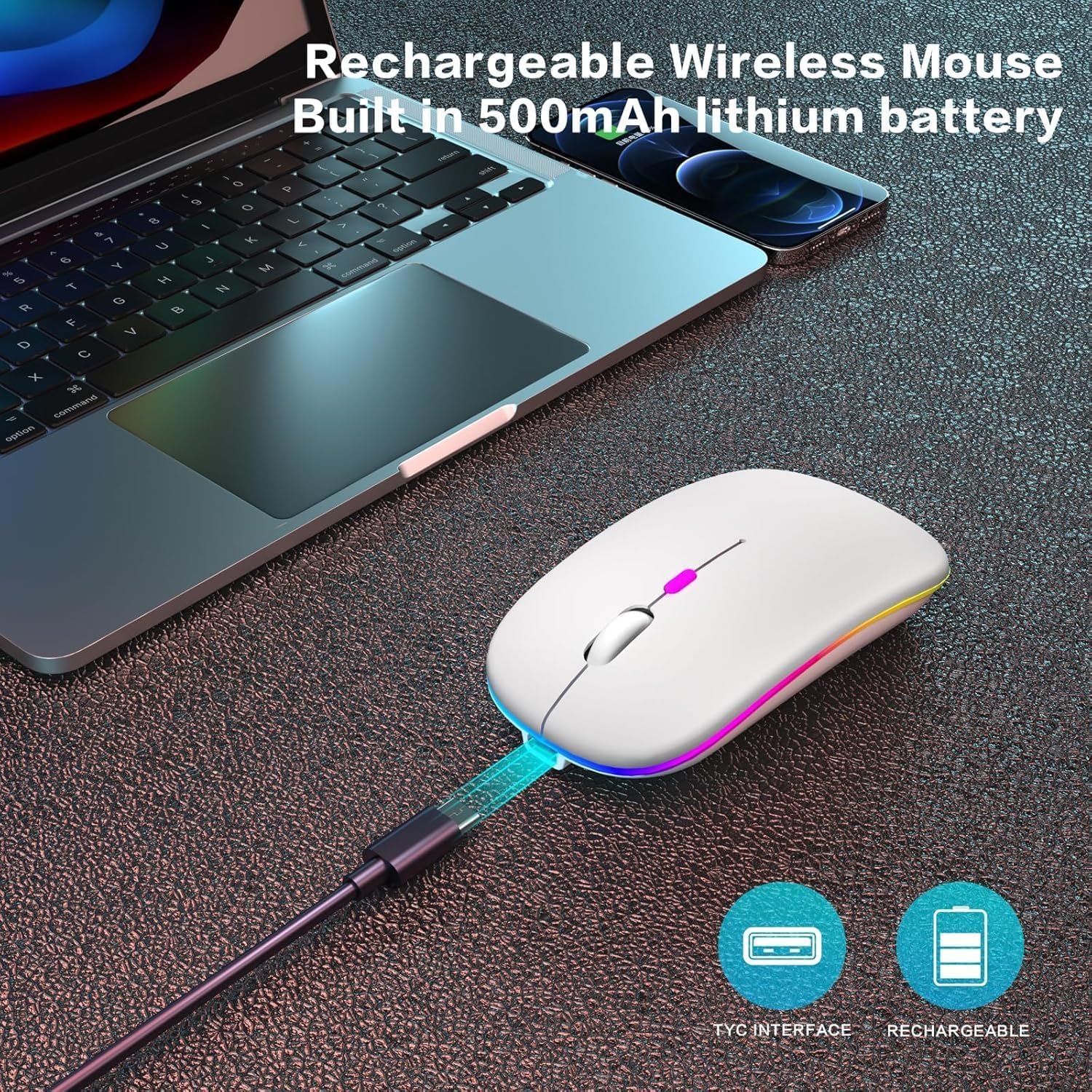 Mouse Sem Fio Recarregável com LED RGB Design Ergonômico Conexão USB Bluetooth Compatível com PC Notebook e Home Office (Branco) - Imagem 2