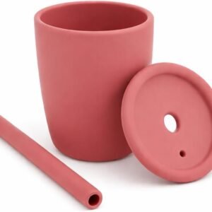 Copo para bebê com Canudo em Silicone Rosa com 100ml Livre de BPA Tampa com Orifício 6 Meses a 3 Anos Treinamento de Bebês Anti Quebra