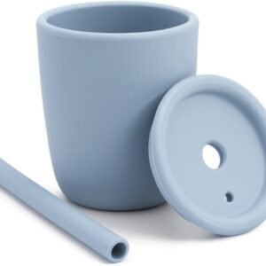 Copo para Bebês com Canudo e Tampa em Silicone Azul com 100ml Livre de BPA Treinamento de Bebês Anti Quebra