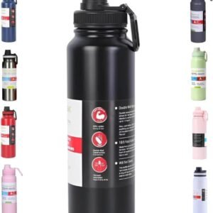 Garrafa Térmica de Água em Inox 800ml com Alça, Parede Dupla Isolada a Vácuo, Antivazamento, Preta, para Academia, Fitness, Corrida, Esportes, Escritório