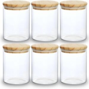 Kit 06 Potes de Mantimentos Herméticos 300ml Pote Redondo de Vidro Tampa De Bambu Premium