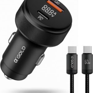 Carregador Adaptador Veicular Turbo 60W SuperPower Para Carro com 2 Portas USB 3.0 + Cabo Tipo C Carregamento Rápido 9.1A Compatível com Celulares, Tablets e GPS Modelo Premium