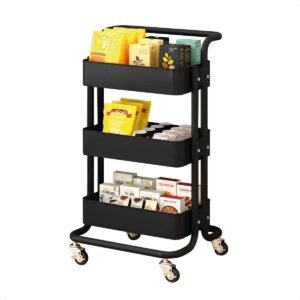 Carrinho Organizador De Banheiro Lavanderia Estante Fruteira Cozinha Armazenamento Multiuso Prateleiras Escritório Manicure Maquiagem Rodinha Giratória 03 Prateleiras De Aço com Alça (Preto)