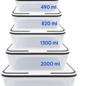Kit 5 Potes Herméticos Retangulares Plástico Transparente com Tampa Vedação – 490ml, 820ml, 1300ml, 2000ml e 2900ml – Freezer, Micro-ondas e Lava-louças