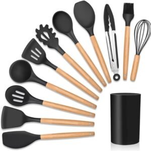 Kit Completo com 12 Peças Utensílios de Cozinha em Silicone com Cabo de Madeira Antiaderentes e Resistentes ao Calor (Preto)
