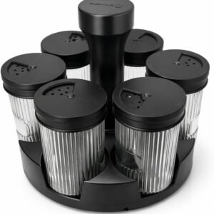 Porta Temperos Giratório 360° com 6 Potes de Vidro, Tampa Metálica Preta, Base Giratória, Organizador de Cozinha