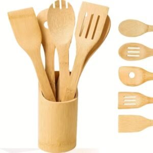 Kit Utensílios de Cozinha Bambu 5 Peça c/Suporte