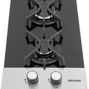 SUGGAR COOKTOP VIDRO PRETO E INOX A GÁS 2 QUEIMADORES ESMALTADOS DIFERENTES TAMANHOS TREMPES FERRO FUNDIDO FG2002FVPIX