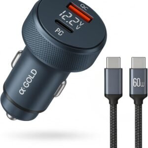Carregador Veicular Turbo 60W com 2 Portas – USB 3.0 + Tipo C – Carregamento Rápido 9.1A – Compatível com Celulares, Tablets e GPS – Modelo Premium (Cinza)