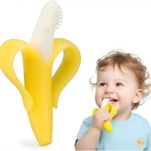 Bananinha Mordedor e Escova de Dentes 2 em 1 para Bebês – Silicone Macio, Alívio da Dentição e Higiene Bucal – Livre de BPA