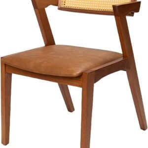 Cadeira de Jantar Estofada Madeira Maciça Com Telinha Rattan Natural Stter (Couro Marrom)