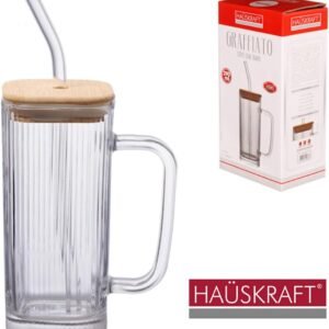 HAUSKRAFT- Caneca de vidro quadrado com tampa de bambu e canudo Graffiato 290 ml