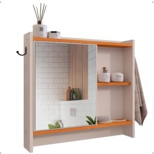 Armário Com Espelho Porta Gancho Para Toalha Banheiro Genova (Off White/Cinamomo2)