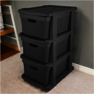 Gaveteiro Organizador Grande de Chão 15 Litros com 3 Gavetas em Plástico Juta (Preto)